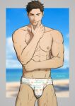  1boy abs artist_name biceps black_hair blurry blurry_background bulge cloud cloudy_sky grey_eyes hand_on_own_face highres hydaria looking_at_viewer male_focus male_swimwear manly muscular muscular_male nipples no_pants ocean original pectorals sand sky smile solo topless_male 