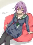  1girl bean_bag_chair black_legwear blue_sweater fish_(food) gakky green_neckerchief green_sailor_collar kantai_collection mouth_hold neckerchief official_alternate_costume one-hour_drawing_challenge pink_hair red_eyes sailor_collar school_uniform serafuku short_hair sitting solo sweater tama_(kancolle) 