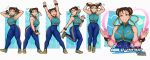  1girl arms_up biceps brown_hair character_name chun-li dancing double_bun fortnite full_body hair_ribbon heart hershuar highres looking_at_viewer muscular muscular_female ribbon sequential shoes sleeveless sneakers solo street_fighter studded_bracelet 