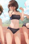  3girls ass_visible_through_thighs bent_over black_buruma black_sports_bra breasts brown_eyes brown_hair buruma cloud commentary_request expressionless highres looking_away looking_to_the_side midriff minato_ojitan multiple_girls navel original outdoors outstretched_arm running_track short_hair sky small_breasts sports_bikini sports_bra stretch tan tanlines thighs track_and_field translation_request 