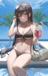  1girl absurdres bangs bare_shoulders bikini black_bikini black_swimsuit blush breasts brown_hair collarbone highres jewelry large_breasts long_hair looking_at_viewer mungduck navel necklace original purple_eyes ribbon smile solo summer sunglasses swimsuit water wet 