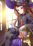  animal_ears boots brown_hair commentary_request crossed_legs gloves hair_rings hat highres horse_ears horse_girl isarai_kanara long_hair ribbon sitting smile sweep_tosho_(umamusume) thigh_boots thighhighs twintails umamusume wand white_gloves window witch_hat 