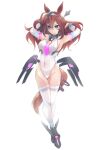  1girl animal_ears breasts brown_hair full_body grey_hairband hairband highleg highleg_leotard horse_ears horse_girl horse_tail keyfanjun leotard long_hair looking_at_viewer mecha_musume medium_breasts mihono_bourbon_(umamusume) simple_background tail thighhighs umamusume white_background white_legwear white_leotard 