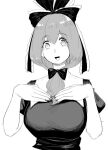  1girl bow breasts dress eyebrows_visible_through_hair frills frogsnake front_ponytail greyscale hair_between_eyes hair_bow hair_ribbon hands_on_own_chest hands_up happy kagiyama_hina large_breasts long_hair monochrome nail_polish open_mouth ribbon simple_background solo touhou white_background 
