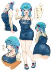  +++ :d adapted_costume ass bangs black_eyes blue_footwear blue_hair blue_headwear blue_overalls blunt_bangs breast_rest breasts breasts_on_table cleavage closed_mouth hat highres kawashiro_nitori knees_together_feet_apart large_breasts laughing long_hair long_sleeves looking_at_viewer okbnkn open_mouth overall_shorts overalls pigeon-toed shirt shoes simple_background smile touhou waving white_background yellow_shirt 