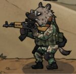  bad_2_bad:_delta_(game) fur gun hyaenid low_res male mammal ranged_weapon solo spotted_hyena war weapon 