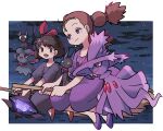 2girls :d absurdres bangs blush_stickers border broom broom_riding brown_hair cat cloud commentary_request crossover dress highres jiji_(majo_no_takkyuubin) kiki_(majo_no_takkyuubin) lampent majo_no_takkyuubin misdreavus mismagius multi-tied_hair multiple_girls night open_mouth outdoors pokemon pokemon_(creature) purple_dress purple_footwear red_footwear senior_witch_(majo_no_takkyuubin) shoes sitting sky smile sutokame tongue twintails white_border 
