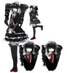  1girl ayame_(redluzhong) bangs black_hair bonnet celestia_ludenberg closed_mouth danganronpa:_trigger_happy_havoc danganronpa_(series) drill_hair english_commentary gothic_lolita grey_background highres leg_up lolita_fashion long_hair long_sleeves multiple_views necktie own_hands_together red_eyes red_footwear red_necktie simple_background sketch standing thighhighs twin_drills twintails 