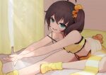  1girl absurdres ahoge bed blue_eyes brown_hair camisole collarbone curtains dolphin_shorts highres hololive lunch_boxer matsurisu midriff natsuiro_matsuri navel scrunchie shorts side_ponytail sitting sleepwear smile socks solo stretch sweat virtual_youtuber 