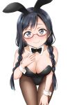  1girl animal_ears bangs black_hair blush braid breasts ckst cleavage collarbone commentary eyebrows_visible_through_hair glasses grey_eyes highres large_breasts long_hair looking_at_viewer love_live! love_live!_nijigasaki_high_school_idol_club nakagawa_nana pantyhose playboy_bunny rabbit_ears red-framed_eyewear revision semi-rimless_eyewear sidelocks simple_background smile solo twin_braids under-rim_eyewear white_background yuuki_setsuna_(love_live!) 