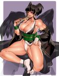  1girl bare_arms bare_legs bare_shoulders black_hair black_wing bowalia breasts dead_or_alive feathered_wings hand_fan holding holding_fan japanese_clothes kimono large_breasts looking_at_viewer muscular muscular_female nail_polish nyotengu open_mouth red_eyes short_hair smile solo wings 