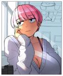  1boy 1girl arm_rest bangs border bra_strap breasts cleavage collarbone eyebrows_visible_through_hair green_eyes grey_sweater large_breasts lips looking_outside low_neckline ohasi original pink_(ohasi) pink_hair short_hair sleeves_past_wrists solo_focus sweater v-neck very_short_hair white_border 