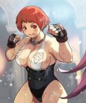  1girl bare_arms bare_shoulders boxers boxing boxing_gloves breasts catfight fingerless_gloves fire_emblem fire_emblem:_three_houses gloves highres jewelry large_breasts leonie_pinelli leotard light looking_at_viewer male_underwear muscular muscular_female necklace norbon red_eyes red_hair scar scar_on_face short_hair smile solo underwear 