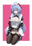  1girl :o absurdres ahoge alternate_costume apron black_garter_belt black_gloves black_legwear blue_hair border breasts cleavage cleavage_cutout clothes_lift clothing_cutout collared_shirt ctrl+z elbow_gloves enmaided frills ganyu_(genshin_impact) garter_belt genshin_impact gloves goat_horns highres horns kneeling lace-trimmed_legwear lace_trim lifted_by_self looking_at_viewer maid maid_apron maid_headdress medium_breasts panties purple_eyes shirt short_sleeves skirt skirt_lift solo underwear white_border white_panties 