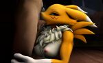  3d_(artwork) absurd_res anthro balls bandai_namco bodily_fluids breasts cum cum_drip cum_in_mouth cum_inside digimon digimon_(species) digital_media_(artwork) dripping duo fellatio female genital_fluids genitals hi_res human looking_at_another looking_up male male/female mammal neck_tuft oral penile penis primocreatore renamon sex source_filmmaker tongue tongue_out tuft 