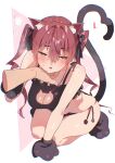  1girl absurdres all_fours animal_ears animal_hands arm_support bangs black_bra black_panties blush bra breasts cat_cutout cat_ears cat_lingerie cat_tail cleavage cleavage_cutout clothing_cutout full_body gloves hair_between_eyes hair_ribbon half-closed_eyes highres hololive houshou_marine koubou_(cowbow_kun) long_hair meme_attire panties parted_lips paw_gloves paw_shoes red_hair red_ribbon ribbon solo_focus tail tail_raised twintails underwear underwear_only virtual_youtuber 