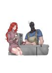  1boy 1girl absurdres apron blush breasts cake closed_mouth coffee coffee_mug cup elden_ring food helmet highres holding illip knight long_hair malenia_blade_of_miquella mechanical_arms mug prosthesis prosthetic_arm prosthetic_leg red_hair single_mechanical_arm smile sweater tarnished_(elden_ring) very_long_hair 