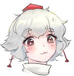  1girl :3 blush eyebrows_visible_through_hair face frogsnake hat inubashiri_momiji looking_at_viewer portrait red_eyes red_headwear short_hair simple_background solo tokin_hat touhou wavy_hair white_background white_hair 