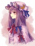  1girl animal_ears ascot bangs blue_bow blunt_bangs bow cat_day cat_ears commentary crescent dated dress eyebrows_visible_through_hair from_side hair_bow hat hat_bow kemonomimi_mode long_hair m_(neteitai10) mob_cap one-hour_drawing_challenge open_mouth patchouli_knowledge pink_dress purple_eyes purple_hair red_ascot red_bow solo touhou upper_body 