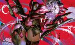  1girl bangs black_legwear breasts covered_navel dual_wielding eyebrows_behind_hair floating_hair grey_hair gun highres holding holding_gun holding_weapon large_breasts leaning_back long_hair low_twintails parted_lips purple_eyes red_background senki_zesshou_symphogear single_leg_pantyhose single_thighhigh solo thighhighs thundergotch twintails very_long_hair weapon yukine_chris 