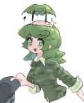  1girl bald bald_cap bald_girl bangs breasts camouflage camouflage_shirt collared_shirt cropped_torso frogsnake green_eyes green_hair green_shirt hat holding holding_clothes holding_hat key_necklace long_hair looking_at_viewer medium_breasts open_mouth shirt simple_background sleeve_rolled_up smile solo swirl touhou wavy_hair white_background yamashiro_takane 