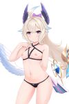  1girl absurdres ahoge arm_behind_back bikini bird_tail black_bikini blonde_hair blue_nails blush bow breasts closed_mouth contrapposto cowboy_shot enna_alouette fingernails hair_bow hair_flaps hand_on_own_chest head_wings heart_bikini highres long_hair looking_at_viewer low_wings nail_polish nijisanji nijisanji_en nipples ponytail purple_bow purple_eyes simple_background small_breasts smile solo swimsuit tail telomere very_long_hair white_background wings 