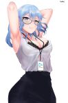  1girl armpits bangs black_bra blue_eyes blue_hair bra breasts cleavage glasses highres hololive hoshimachi_suisei long_hair looking_at_viewer medium_breasts office_lady solo star_(symbol) thanaphondeech1 underwear virtual_youtuber 