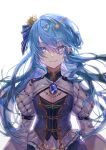  1girl bangs blue_dress blue_eyes blue_hair blue_ribbon closed_mouth crown dress earrings eyebrows_visible_through_hair hair_between_eyes hair_ornament hair_ribbon highres hololive hoshimachi_suisei jewelry juliet_sleeves kairi_(kai_ri) long_hair long_sleeves looking_at_viewer mini_crown puffy_sleeves ribbon simple_background solo star_(symbol) star_earrings star_hair_ornament upper_body virtual_youtuber white_background 