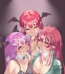  1boy 3girls :&gt;= blush breasts censored cleavage cum cum_in_mouth cum_on_body cum_on_breasts cum_on_hair eyebrows_visible_through_hair facial fellatio germanyudon gradient gradient_background hair_between_eyes half-closed_eyes head_wings hetero itadaki!_seieki! koakuma large_breasts lilith_(rabi-ribi) long_hair looking_at_viewer mosaic_censoring multiple_fellatio multiple_girls open_mouth oral penis pink_eyes pink_hair pointy_ears pov purple_eyes rabi-ribi red_hair setogaya_mari simple_background tongue tongue_out touhou 