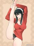  1girl arms_up artist_name bangs black_panties blush breasts closed_mouth eyebrows_visible_through_hair gs_(onsen_syndicate) hairband highres large_breasts leg_up long_hair looking_at_viewer no_pants one_eye_closed panties red_nails red_sweater sidelocks smile solo split spy_x_family standing standing_on_one_leg standing_split sweater thighs underwear white_hairband yor_briar 