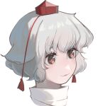  1girl :3 bangs face frogsnake hat inubashiri_momiji looking_ahead portrait red_eyes red_headwear short_hair simple_background smile solo tassel tokin_hat touhou wavy_hair white_background white_hair 