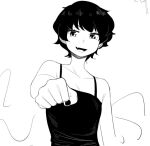  1girl bangs bare_shoulders black_camisole black_nails camisole collarbone fang fist_bump frogsnake greyscale houjuu_nue looking_at_viewer monochrome open_mouth short_hair smile solo touhou upper_body wavy_hair wings 