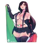  1girl abs belly_chain black_legwear black_skirt breasts brown_eyes brown_hair earrings elbow_gloves english_commentary eymbee final_fantasy final_fantasy_vii final_fantasy_vii_remake fingerless_gloves fingernails flag gloves holding holding_flag italian_flag italian_senate_porn_livestream jewelry large_breasts lips long_hair low-tied_long_hair materia microskirt narrow_waist navel red_nails skirt smile solo suspender_skirt suspenders thick_thighs thighhighs thighs tifa_lockhart topless vambraces white_background wide_hips 