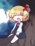  1girl black_skirt black_vest blonde_hair blush_stickers closed_eyes collared_shirt eyebrows_visible_through_hair fang fried_rice0614 hair_between_eyes hair_ribbon highres long_sleeves one-hour_drawing_challenge open_mouth red_ribbon ribbon rumia shirt short_hair skirt sleeping solo touhou vest white_shirt zzz 