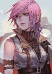  1girl armband bangs bare_shoulders belt blue_eyes final_fantasy final_fantasy_xiii hungry_clicker jacket lightning_farron long_hair looking_to_the_side pink_hair shirt sleeveless sleeveless_shirt solo turtleneck upper_body white_jacket zipper 