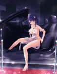  1girl azur_lane bangs bare_legs blunt_bangs blush braid breasts car character_name city cleavage closed_mouth convertible cosplay detached_sleeves dress eyebrows_visible_through_hair flower full_body genshin_impact grey_dress ground_vehicle hair_flower hair_ornament high_heels highres jewelry joko_jmc large_breasts long_hair looking_at_viewer motor_vehicle necklace night no_panties outdoors pink_footwear plunging_neckline purple_eyes purple_flower purple_hair raiden_shogun revealing_clothes short_sleeves single_braid sitting smile solo sparkle st._louis_(azur_lane) st._louis_(azur_lane)_(cosplay) st._louis_(luxurious_wheels)_(azur_lane) very_long_hair vision_(genshin_impact) yellow_flower 