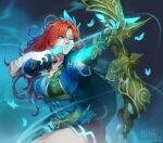  1girl aiming arrow_(projectile) artist_name belt black_shorts bow_(weapon) bug butterfly cape closed_mouth dota_(series) dota_2 eluvianart facepaint green_background green_butterfly green_cape green_eyes green_shirt hair_ornament highres holding holding_arrow holding_bow_(weapon) holding_weapon long_hair one_eye_closed orange_hair shirt short_sleeves shorts smile solo weapon windranger_(dota) 