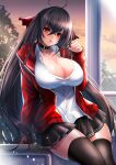  1girl absurdres azur_lane bangs black_choker black_legwear black_skirt blush breasts choker cleavage cowboy_shot crossed_bangs hair_ornament hair_ribbon hand_up highres indoors jacket kangaruu_(momotk1109) large_breasts lips long_hair looking_at_viewer miniskirt open_clothes open_jacket parted_lips red_jacket red_ribbon ribbon shirt skirt solo taihou_(azur_lane) thighhighs thighs white_shirt window zettai_ryouiki 