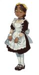  1girl apron apron_grab black_footwear black_hair braid child flat_chest freckles full_body head_wreath highres legs_together long_hair looking_at_viewer maid mossacannibalis original pantyhose puffy_short_sleeves puffy_sleeves ringed_eyes shoes short_sleeves simple_background smile solo standing white_apron white_background white_legwear yellow_eyes 