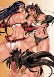  bare_legs bare_shoulders bikini black_eyes black_hair bowalia breasts catfight crown elbow_gloves fate/grand_order fate_(series) fingerless_gloves gloves hair_ribbon incoming_attack ishtar_(fate) long_hair martha_(fate) martha_(swimsuit_ruler)_(fate) muscular muscular_male ponytail punching ribbon swimsuit twintails 