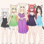  5girls aina_(mao_lian) animal_ear_fluff animal_ears arm_at_side arms_at_sides bare_legs bare_shoulders barefoot black_babydoll blonde_hair blue_babydoll blue_eyes blush bow breasts brown_hair cat_ears cat_tail cleavage closed_mouth collarbone commentary_request curly_hair embarrassed green_babydoll green_bow green_eyes hair_bow hair_ornament hair_over_breasts hair_over_shoulder hairclip hand_on_hip height_chart highres large_breasts long_hair looking_at_viewer looking_to_the_side mao_lian_(nekokao) medium_breasts messy_hair multiple_girls nightgown original ponytail purple_babydoll purple_eyes purple_nightgown red_hair small_breasts smile standing straight_hair tail thick_eyebrows thighs white_hair wolf_ears wolf_girl wolf_tail 