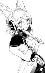  1girl asuku_(69-1-31) belt blouse bracelet breasts earmuffs greyscale grin highres holding holding_stick jewelry looking_at_viewer monochrome neck_ribbon pointy_hair ribbon ritual_baton shirt short_hair skirt sleeveless sleeveless_shirt smile solo stick touhou toyosatomimi_no_miko 