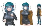  1girl blue_eyes blue_footwear blue_hair blue_headwear blue_legwear blush boots breasts brown_coat coat dress flying_sweatdrops grey_sweater hair_bobbles hair_ornament hands_in_pockets highres jitome kawashiro_nitori large_breasts long_hair looking_at_viewer multiple_views okbnkn open_clothes open_coat open_mouth simple_background sweater sweater_dress thighhighs touhou translation_request two_side_up white_background wide-eyed 
