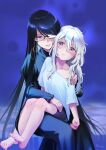  2girls barefoot bed black_hair blue_background glasses hand_on_another&#039;s_shoulder height_difference highres hug hug_from_behind kozakura_(urasekai_picnic) long_hair multiple_girls niina_ryou pants sitting sitting_on_person tears urasekai_picnic uruma_satsuki very_long_hair white_hair 