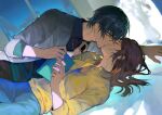  1boy 1girl bangs bed blue_shirt book brown_hair city_lights closed_eyes french_kiss green_shirt highres holding holding_book indoors jacket kiss laoyepo long_sleeves marius_von_hagen_(tears_of_themis) night night_sky open_mouth purple_eyes rosa_(tears_of_themis) shirt sky tears_of_themis white_jacket yellow_shirt 
