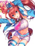  1girl aaru_(tenrake_chaya) ahoge bangs belt blue_eyes blue_jacket breasts brown_hair collared_shirt cosplay crop_top glint hairband highres holding holding_pom_poms jacket large_breasts lips long_hair looking_at_viewer midriff mihono_bourbon_(umamusume) navel necktie nice_nature_(run&amp;win)_(umamusume) nice_nature_(umamusume) nice_nature_(umamusume)_(cosplay) open_clothes open_jacket open_mouth outstretched_arms pink_necktie pom_pom_(cheerleading) red_footwear shirt shoes shorts simple_background sleeveless sleeveless_shirt sneakers solo sparkle striped striped_legwear thighhighs umamusume white_background white_shirt white_shorts 