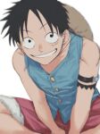  1boy 4myaku1 armlet black_eyes black_hair grin hat hat_removed headwear_removed highres looking_at_viewer male_focus monkey_d._luffy official_alternate_costume one_piece scar scar_on_face shorts sleeveless smile solo white_background 