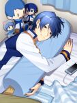  1boy bed blue_eyes blue_hair blue_theme food-themed_pillow kaito_(vocaloid) male_focus nokuhashi object_hug phone pillow pillow_hug smile solo stuffed_toy vocaloid 