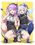  2girls :d absurdres amane_kanata angel_wings bangs black_bow black_bowtie black_footwear black_gloves black_headwear black_legwear black_shirt black_skirt blue_eyes blue_hair blue_legwear blue_skirt blush border bow bowtie breasts colored_inner_hair earphones english_commentary eyebrows_visible_through_hair fake_horns flat_chest frilled_skirt frills full_body gloves green_eyes hair_ornament hairclip halo highres hololive horned_headwear horns kneehighs leg_tattoo looking_at_viewer medium_breasts multicolored_hair multiple_girls murakami_ryouga partially_fingerless_gloves pink_hair pleated_skirt purple_hair shirt shoes simple_background single_kneehigh single_thighhigh skirt smile socks squatting star_halo streaked_hair tattoo thigh_strap thighhighs tokoyami_towa two-tone_hair virtual_youtuber white_border white_footwear white_legwear wings x_hair_ornament 