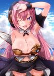  1girl ;) absurdres armlet blue_eyes breasts clothing_cutout detached_collar dress fuyuki_jun hand_up highres large_breasts long_hair megurine_luka megurine_luka_(vocaloid4) one_eye_closed outdoors pink_hair smile solo stomach_cutout vocaloid wrist_cuffs 